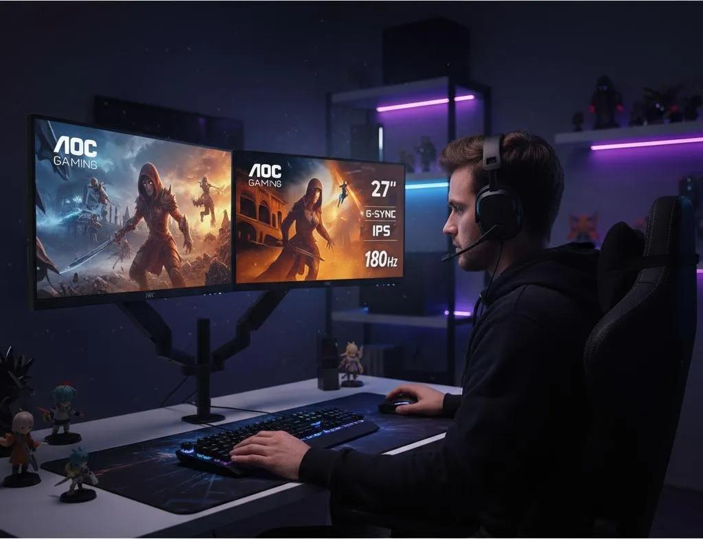 2 Monitores Gamer 27" AOC 27G4 IPS Full HD 180Hz  +  Soporte Monitor AD110DX