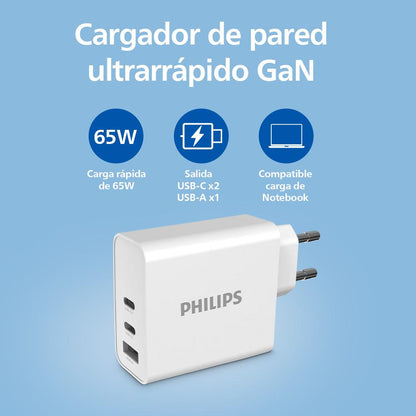 Cargador Rápido Philips GaN 65W 2 USB-C + USB-A