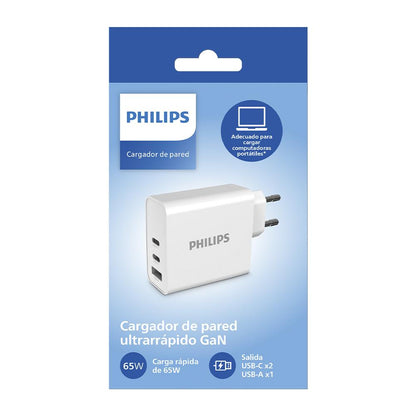 Cargador Rápido Philips GaN 65W 2 USB-C + USB-A